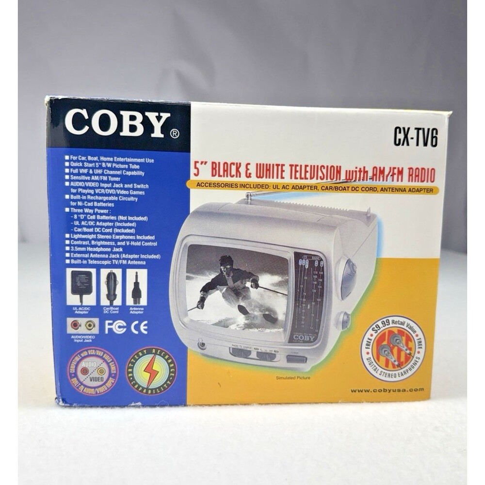 Coby CX-TV6 5" Portable B&W CRT TV AM/FM Radio Y2K Box Powers On